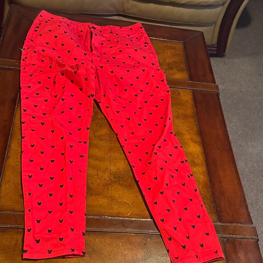 Forever 21 Red Pants with Black Mickey Mouse Pattern